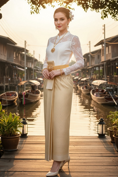 ชุดไทยบรมพิมานประยุกต์ สีงาช้างทอง (TBP 012)
