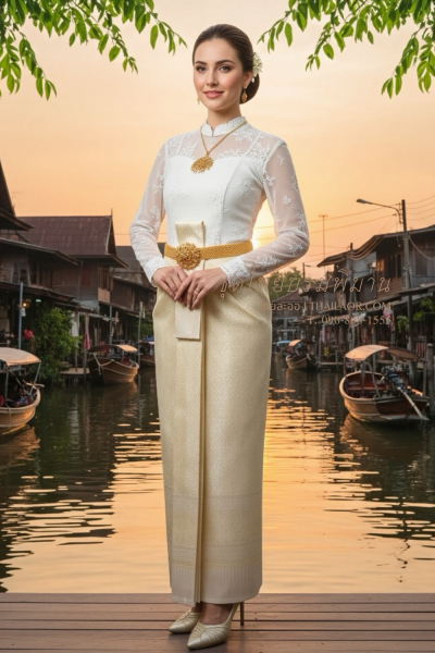 ชุดไทยบรมพิมานประยุกต์ สีครีม (TBP 013)