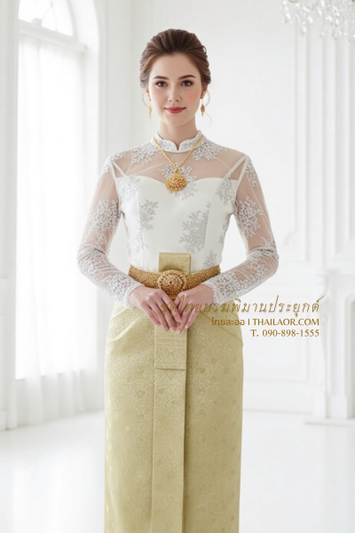 ชุดไทยบรมพิมานประยุกต์ สีเขียวเทา (TBP 002)