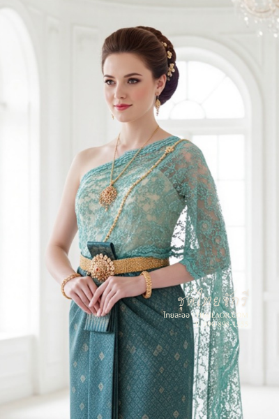 ชุดไทยจักรี สีเขียวอมฟ้าทอง (TCK 052)