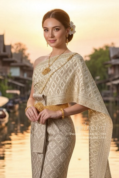 ชุดไทยจักรี สีครีมทอง (TCK 014)
