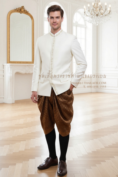 ชุดเสื้อพระราชทานปัก-โจงกระเบน สีครีมแดงเลือดนก (PTJ 004)