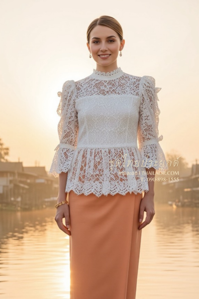 ชุดไทยประยุกต์ สีขาวพีชอมส้ม  (TP 025)