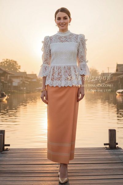 ชุดไทยประยุกต์ สีขาวพีชอมส้ม  (TP 025)