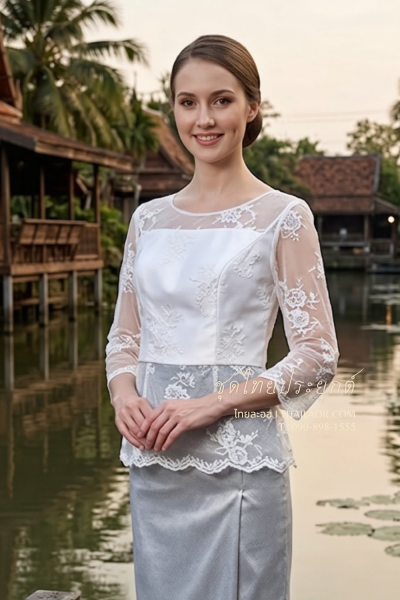 ชุดไทยประยุกต์ สีขาวเทาเงิน (TP 027)