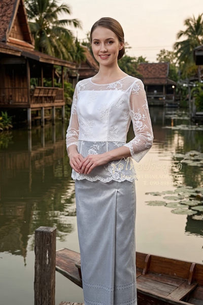ชุดไทยประยุกต์ สีขาวเทาเงิน (TP 027)