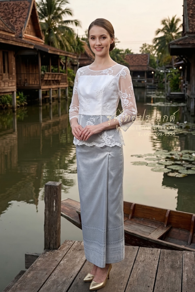 ชุดไทยประยุกต์ สีขาวเทาเงิน (TP 027)