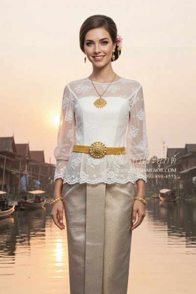 ชุดไทยประยุกต์ สีขาวเทา (TP 018)