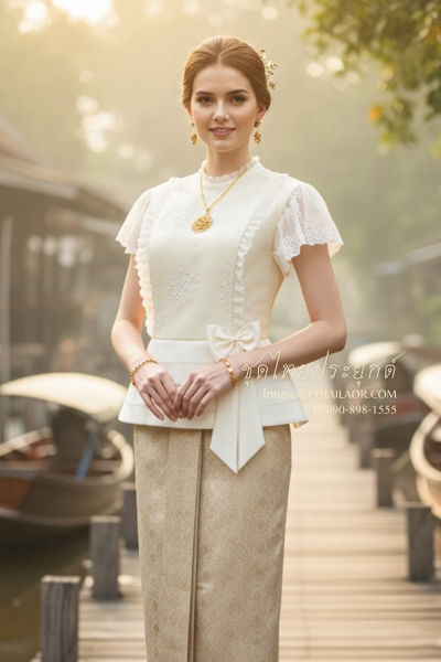 ชุดไทยประยุกต์ สีครีม (TP 008)