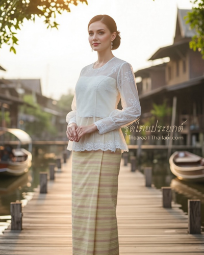 ชุดไทยประยุกต์ สีขาว-ทองชมพู (TP 016)