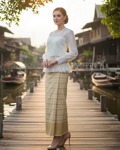 ชุดไทยประยุกต์ สีขาว-ทองชมพู (TP 016)