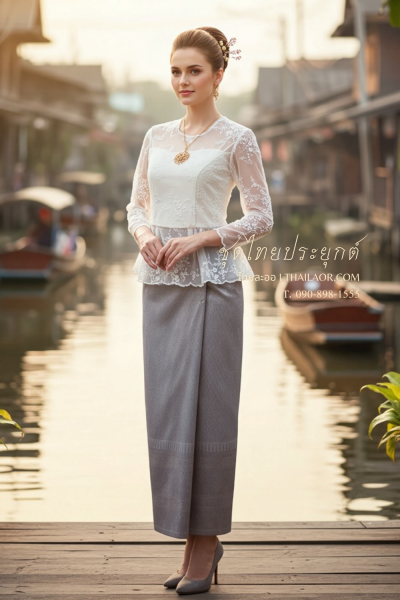 ชุดไทยประยุกต์ สีขาวเทาเงิน  (TP 022)