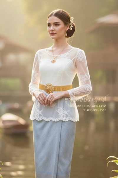 ชุดไทยประยุกต์ สีฟ้าขาว (TP 007)