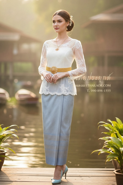 ชุดไทยประยุกต์ สีฟ้าขาว (TP 007)