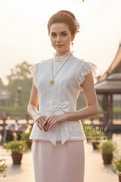 ชุดไทยประยุกต์ สีขาวชมพู (TP 031)