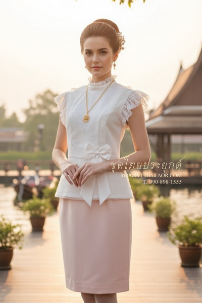 ชุดไทยประยุกต์ สีขาวชมพู (TP 031)