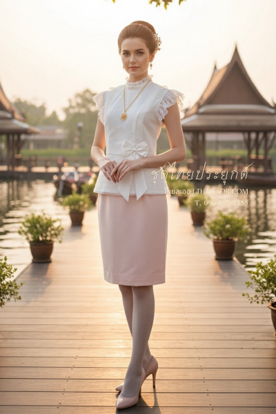ชุดไทยประยุกต์ สีขาวชมพู (TP 031)