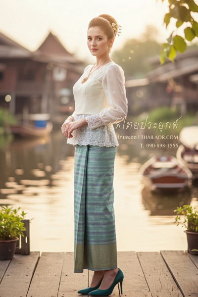 ชุดไทยประยุกต์ สีครีมเขียว (TP 021)