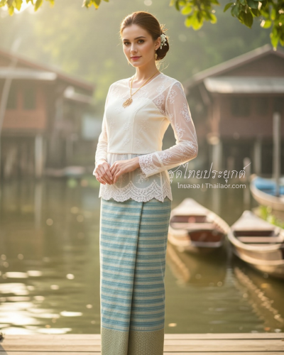 ชุดไทยประยุกต์ สีครีมเขียวทอง (TP 012)