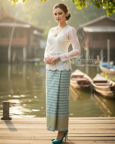 ชุดไทยประยุกต์ สีครีมเขียวทอง (TP 012)