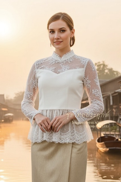 ชุดไทยประยุกต์ สีขาวเทาทอง (TP 026)