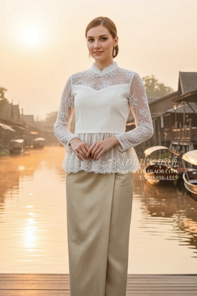 ชุดไทยประยุกต์ สีขาวเทาทอง (TP 026)