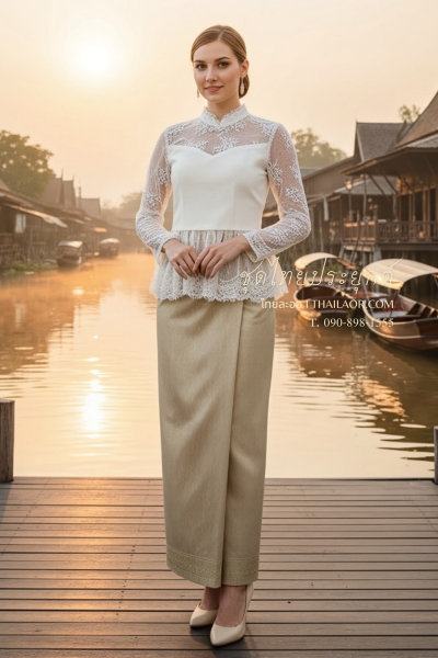 ชุดไทยประยุกต์ สีขาวเทาทอง (TP 026)