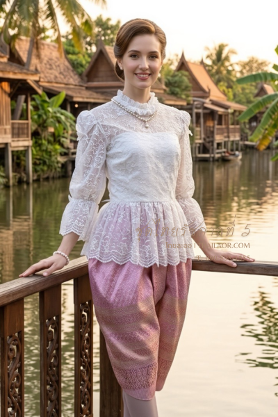 ชุดไทยรัชกาลที่ 5 สีขาวชมพู (TRF 013)