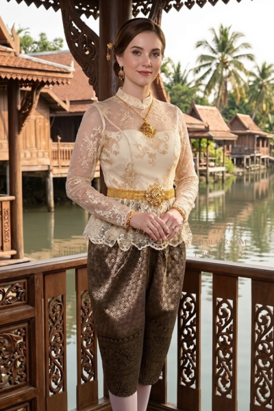 ชุดไทยรัชกาลที่ 5 สีเหลืองทองแดงเลือดหมู (TRF 025)