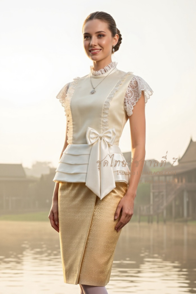 ชุดไทยรัชกาลที่ 7 สีครีมทอง (TRS 002)