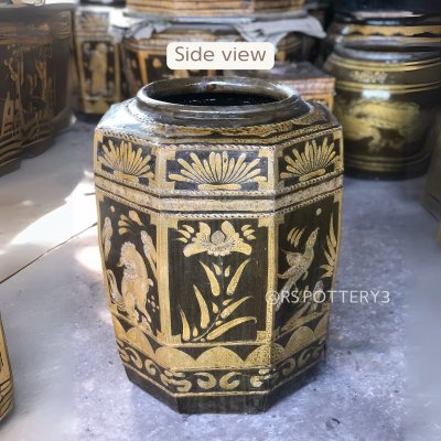 Octagonal ceramic jar featuring lotus, bird, tree, horse, leaves, bamboo, chicken, and Pixiu motifs