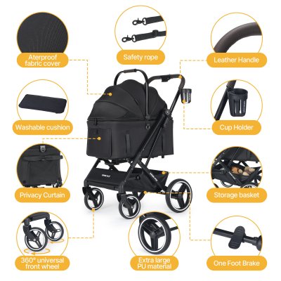Beberoad X3 2 in 1 Pet Stroller | 4 Wheels Lightweight Foldable Carrier- Black