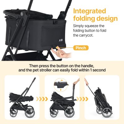 Beberoad X3 2 in 1 Pet Stroller | 4 Wheels Lightweight Foldable Carrier- Black