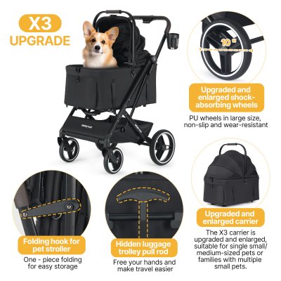 Beberoad X3 2 in 1 Pet Stroller | 4 Wheels Lightweight Foldable Carrier- Black