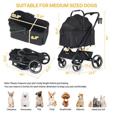 Beberoad X3 2 in 1 Pet Stroller | 4 Wheels Lightweight Foldable Carrier- Black