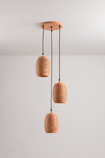 โคมไฟห้อย ทรงรูปไข่ลายไม้ ต่างระดับ 3 หัว รุ่น P07-3