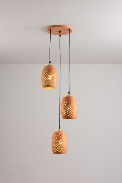 โคมไฟห้อย ทรงรูปไข่ลายไม้ ต่างระดับ 3 หัว รุ่น P07-3