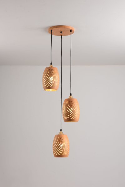 โคมไฟห้อย ทรงรูปไข่ลายไม้ ต่างระดับ 3 หัว รุ่น P07-3