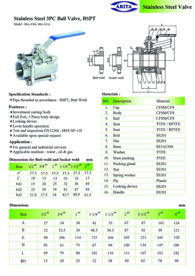 ARITA SBA Ball valve 3PC Stainless Steel - BSPT