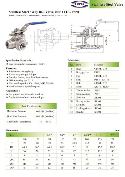 ARITA S3MBA Ball valve 3Way Stainless Steel - BSPT