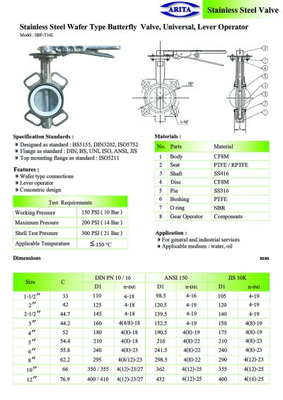 ARITA SBF-T16L Butterfly Valve Stainless Steel - Universal