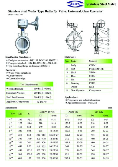 ARITA SBF-T16G Butterfly Valve Stainless Steel - Universal
