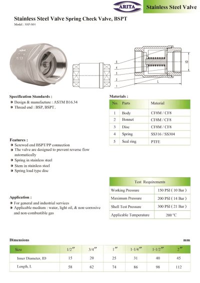 ARITA SSP-S04 Spring Check Valve - BSPT
