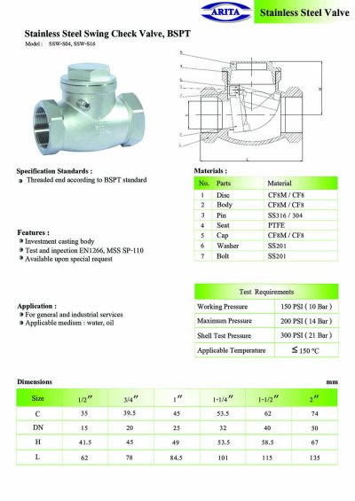ARITA SSW-S04 Swing Check Valve - BSPT
