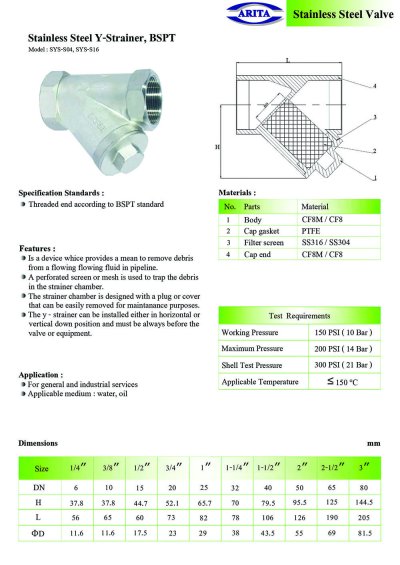 ARITA SYS-S04 Y-Strainer BSPT - วายสแตนเนอร์