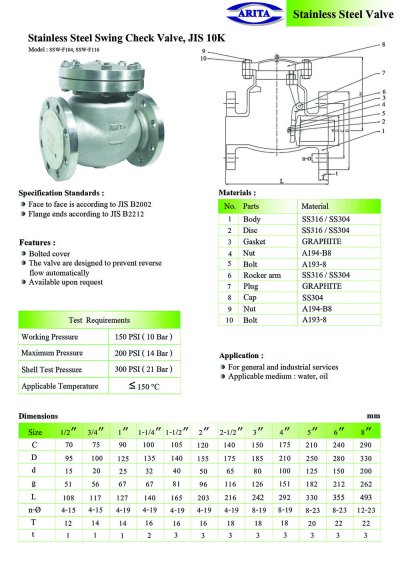 ARITA SSW-F104 | Swing Check Valve - JIS10K