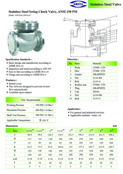 ARITA SSW-F204 Swing Check Valve - ANSI 150