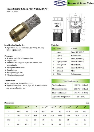 ARITA SPRING CHECK VALVE (BFT-S200) - สปริงเช็ควาล์ว