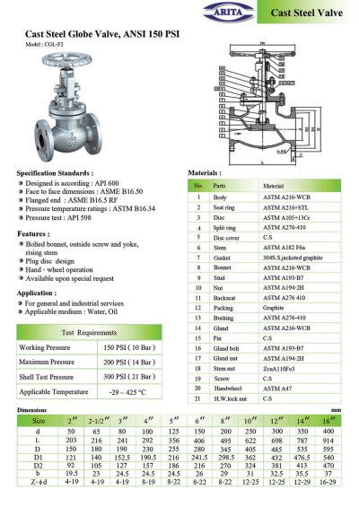 ARITA GLOBE VALVE CAST STEEL (CGL-F2) - โกลบวาล์ว