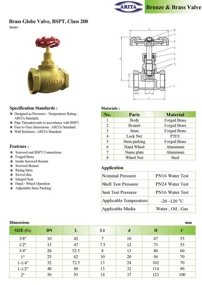 ARITA GLOBE VALVE BRASS - โกลบวาล์วทองเหลือง